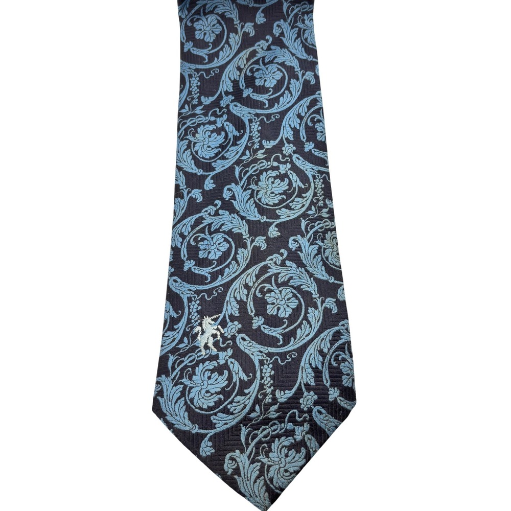 Vintage Bronzini Navy Light Blue Floral Damask‎ Scroll Wide Blade Silk Tie 4"